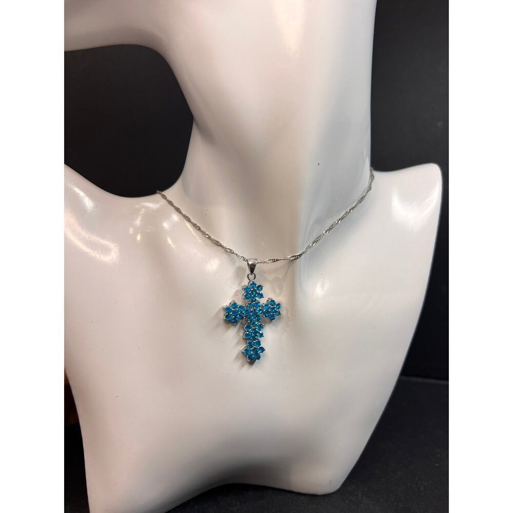 Neon Blue Apatite Rhodium Over Sterling Silver Cross Pendant With Chain 3.25ctw - Picture 2 of 16